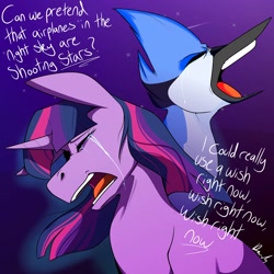 Size: 1080x1080 | Tagged: safe, artist:crookedbeetles, twilight sparkle, bird, blue jay, pony, unicorn, g4, aeroplanes and meteor showers, airplanes (song), b.o.b., crossover, crossover shipping, crying, dialogue, female, hayley williams, lyrics, male, mare, meme, mordecai, mordetwi, night, redraw mordetwi meme, regular show, sad, shipping, shooting star, song reference, stars, straight, teary eyes, text, unicorn twilight