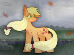 Size: 800x600 | Tagged: safe, artist:php163, applejack, earth pony, pony, g4, chest fluff, female, hatless, leaf, leaves, mare, missing accessory, rain, signature, solo, storm, wet, wind, wind blowing, windswept mane