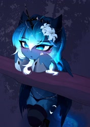 Size: 2894x4093 | Tagged: safe, artist:magnaluna, princess luna, alicorn, semi-anthro, blushing, clothes, crown, cute, female, filly, flower, flower in hair, jewelry, lunabetes, panties, pouting, regalia, socks, solo, striped socks, underwear, woona, younger