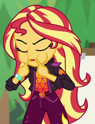 Size: 624x811 | Tagged: safe, screencap, sunset shimmer, equestria girls, equestria girls series, g4, sunset's backstage pass!, spoiler:eqg series (season 2), cropped, eyes closed, female, geode of empathy, magical geodes, music festival outfit, solo, whistling