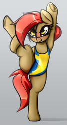 Size: 1443x2667 | Tagged: safe, artist:jetwave, oc, oc only, oc:dala vault, earth pony, pony, blushing, clothes, earth pony oc, flexible, gymnastics, leotard, monopedal, ponytail, smiling, solo, standing, standing on one leg, standing splits, swedish flag, thighs