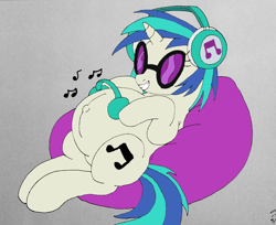 Size: 884x720 | Tagged: safe, artist:mj455, dj pon-3, vinyl scratch, pony, unicorn, g4, beanbag chair, belly, belly button, big belly, cute, female, grin, headphones, mare, music notes, outie belly button, pregnant, simple background, smiling, solo, sunglasses, vinylbetes