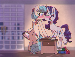 Size: 1400x1050 | Tagged: safe, artist:provolonepone, coco pommel, rarity, earth pony, pony, unicorn, g4, book, chromatic aberration, clipboard, eyes closed, female, kiss on the lips, kissing, lesbian, mare, ship:marshmallow coco, shipping, table, wristband