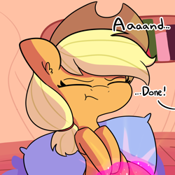 Size: 2048x2048 | Tagged: safe, artist:tjpones, applejack, twilight sparkle, earth pony, pony, comic:knockin boots, g4, :t, comic, explicit source, eyes closed, female, golden oaks library, high res, implied twilight sparkle, lesbian, magic, offscreen character, pillow, ship:twijack, shipping