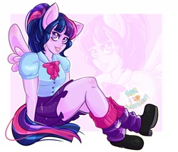 Size: 1280x1097 | Tagged: safe, artist:ferwanwan, twilight sparkle, alicorn, equestria girls, g4, clothes, digital art, ears, looking at you, shoes, skirt, solo, stockings, tail, thigh highs, twilight sparkle (alicorn), wings, zoom layer