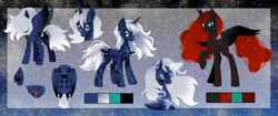 Size: 4096x1725 | Tagged: source needed, safe, artist:bluntmare, nightmare moon, princess luna, alicorn, pony, g4, alternate design, blood moon, body markings, closed mouth, color palette, colored wings, cute, cute little fangs, evil smile, fangs, glowing, glowing horn, gradient wings, grin, horn, magic, magic aura, markings, moon, open mouth, raised hoof, redesign, reference sheet, silver hair, slit pupils, smiling, sparkles, spread wings, standing, white-haired luna, wings