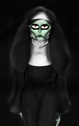 Size: 3000x4800 | Tagged: safe, artist:diamondgreenanimat0, oc, oc:diamondgreen, anthro, black background, brown eyes, clothes, costume, creepy, eye, eyes, fear, halloween, halloween costume, holiday, nun, remastered, shadow, simple background, spooky, tablecloth, the nun, tunicate, valak