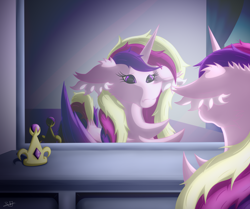 Size: 2896x2421 | Tagged: safe, artist:thebenalpha, princess cadance, alicorn, pony, g4, crown, crystal empire, dock, ear fluff, high res, jewelry, mirror, reflection, regalia, sad, tired