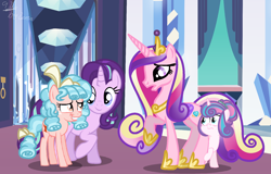 Size: 1640x1052 | Tagged: safe, artist:whiteplumage233, cozy glow, princess cadance, princess flurry heart, starlight glimmer, pony, g4, a better ending for cozy, grin, hiding, nervous, nervous smile, older, older cozy glow, older flurry heart, smiling