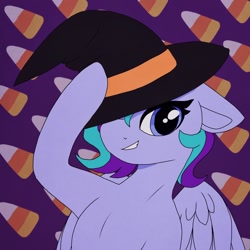 Size: 1024x1024 | Tagged: safe, artist:incendiarymoth, oc, pegasus, pony, candy, candy corn, commission, food, halloween, hat, holiday, icon, profile pic, witch, witch hat