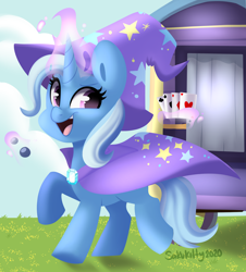 Size: 2400x2654 | Tagged: safe, artist:sakukitty, trixie, pony, unicorn, g4, cape, clothes, cute, diatrixes, female, hat, high res, magic, mare, open mouth, playing card, solo, telekinesis, trixie's cape, trixie's hat, trixie's wagon