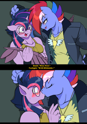 Size: 1000x1432 | Tagged: safe, artist:droll3, rainbow dash, twilight sparkle, pegasus, unicorn, anthro, g4, against wall, alternate hairstyle, alternate timeline, apocalypse dash, artificial wings, augmented, awkward, blushing, clothes, crossover, crystal war timeline, devil may cry, devil may cry 5, dialogue, duo, duo female, female, glasses, jewelry, kissing, lesbian, looking at each other, mechanical wing, necklace, nerd, nero (devil may cry), nicoletta goldstein, pegasus wings, round glasses, ship:twidash, shipping, surprise kiss, torn ear, unicorn twilight, wings, wonderbolt badge