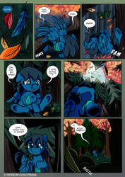Size: 2480x3508 | Tagged: safe, artist:dsana, oc, oc:lullaby dusk, pegasus, pony, comic:a storm's lullaby, alone, bandaged leg, bruised, comic, crash, crying, dsana is playing with our feelings, falling, feather, female, filly, forest, high res, injured, injured wing, leaves, lost, ominous, plushie, tears of pain, teary eyes, this will not end well, tree, underhoof, wings