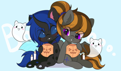 Size: 3000x1767 | Tagged: safe, artist:yomechka, oc, oc only, oc:mythic dawn, oc:swift dawn, bat pony, changeling, ghost, pony, undead, basket, bat pony oc, bat wings, blue changeling, blue eyes, blushing, brother and sister, candle, changeling oc, chibi, commission, cute, cyan background, duo, ear fluff, eyebrows, eyebrows visible through hair, fangs, female, fluffy changeling, hair tie, halloween, holding hooves, holiday, horn, jack-o-lantern, looking at each other, male, onomatopoeia, ponytail, pumpkin, purple eyes, siblings, simple background, sitting, smiling, wings, ych result