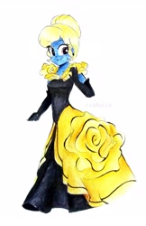 Size: 2322x3573 | Tagged: safe, artist:liaaqila, oc, oc only, oc:azure/sapphire, equestria girls, g4, beauty and the beast, belle, clothes, cosplay, costume, crossdressing, disney princess masquerade, dress, ear piercing, earring, evening gloves, gloves, gown, high res, jewelry, long gloves, piercing, princess costume, solo, traditional art
