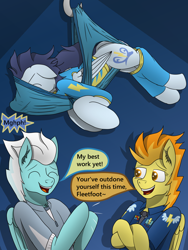 Size: 3024x4032 | Tagged: safe, artist:tacomytaco, fleetfoot, soarin', spitfire, pegasus, pony, semi-anthro, comic:wedgiebolts academy, g4, atomic wedgie, briefs, clapping, clothes, comic, crossed arms, eyes closed, female, hanging, hanging wedgie, male, pain, shorts, smiling, speech bubble, text, underwear, warmup suit, wedgie
