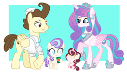 Size: 3777x2151 | Tagged: safe, artist:interstellar-quartz, pound cake, princess flurry heart, oc, oc:valentina sweetness, oc:wintry romance, pony, g4, baby, baby pony, female, high res, larger female, male, offspring, older, older flurry heart, older pound cake, parent:pound cake, parent:princess flurry heart, parents:poundflurry, ship:poundflurry, shipping, size difference, smaller male, straight, wing hole, wings