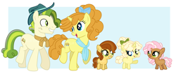 Size: 4256x1812 | Tagged: safe, artist:interstellar-quartz, pistachio, pumpkin cake, oc, oc:butterscotch nuts, oc:sweet almond, oc:vanilla cake, earth pony, pony, unicorn, g4, 5-year-old, baby, baby pony, female, hat, male, mare, offspring, older, older pistachio, older pumpkin cake, parent:pistachio, parent:pumpkin cake, parents:pumpkinchio, pumpkinchio, shipping, stallion, straight