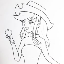 Size: 1024x1024 | Tagged: safe, artist:silverover9000, applejack, equestria girls, g4, apple, clothes, dress, food, hat, monochrome, solo, traditional art