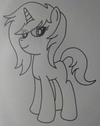 Size: 1440x1796 | Tagged: safe, anonymous artist, oc, oc:listfia, pony, unicorn, blank flank, eye clipping through hair, eyelashes, female, filly, horn, looking at you, smiling, smiling at you, traditional art