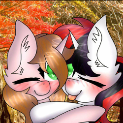 Size: 800x801 | Tagged: safe, anonymous artist, oc, oc only, oc:lanaia, oc:listfia, pony, unicorn, autumn, blushing, cute, female, filly, heart, heart eyes, horn, hug, looking at each other, not blackjack, not littlepip, one eye closed, siblings, sisters, smiling, tongue out, tree, twins, two toned mane, wingding eyes
