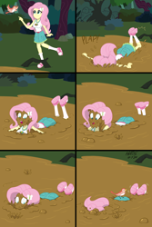 Size: 1200x1800 | Tagged: dead source, safe, artist:hefess, fluttershy, bird, equestria girls, g4, my little pony equestria girls: legend of everfree, ass, breasts, bubble, butt, camp everfree outfits, clothes, comic, converse, denim skirt, female, forest, implied drowning, mud, mud mask, peril, quicksand, shoes, sinking, skirt, sneakers, this will end in death, this will end in tears, this will end in tears and/or death, tripped