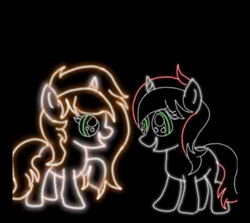 Size: 800x713 | Tagged: safe, artist:skycloud, oc, oc only, oc:lanaia, oc:listfia, pony, unicorn, blank flank, female, glowing, horn, looking at each other, neon, raised hoof, siblings, sisters, twins, two toned mane, two toned tail
