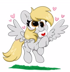 Size: 3000x3100 | Tagged: safe, artist:kittyrosie, derpy hooves, pegasus, pony, g4, blushing, cute, derpabetes, female, flying, heart, heart eyes, high res, letter, mare, mouth hold, simple background, solo, white background, wingding eyes
