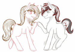 Size: 800x555 | Tagged: safe, anonymous artist, oc, oc only, oc:lanaia, oc:listfia, pony, unicorn, blank flank, eyelashes, female, grin, holding hooves, horn, looking at each other, raised hoof, siblings, sisters, smiling, twins, two toned mane, two toned tail, watermark