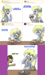 Size: 1502x2504 | Tagged: safe, artist:asksweetdisaster, derpy hooves, doctor whooves, time turner, earth pony, pegasus, pony, lovestruck derpy, g4, duo, female, food, male, mare, muffin, stallion, that pony sure does love muffins
