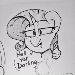 Size: 3120x3120 | Tagged: safe, artist:perezadotarts, rarity, pony, unicorn, g4, female, high res, lineart, paper, photo, sketch, solo, talking, text, traditional art