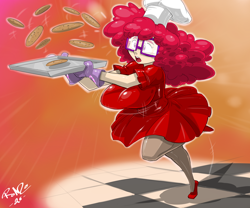 Size: 3620x3017 | Tagged: safe, artist:shonuff44, twist, human, g4, adult, breasts, busty twist, chef's hat, clothes, cookie, food, glasses, gloves, hat, high heels, high res, humanized, open mouth, red, red clothes, shoes, skirt, stockings, thigh highs, tripping