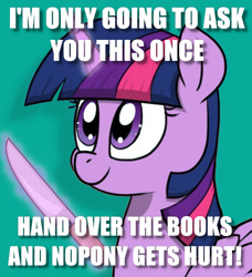 Size: 457x501 | Tagged: safe, artist:strebiskunk, edit, twilight sparkle, alicorn, pony, g4, caption, female, folded wings, glowing horn, horn, image macro, knife, magic, mare, smiling, solo, telekinesis, text, this will end in pain and/or death, twilight sparkle (alicorn), wings
