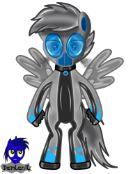 Size: 3840x5026 | Tagged: safe, artist:damlanil, oc, oc:toxic plunge, pegasus, pony, bipedal, boots, clothes, collar, commission, gas mask, heart, heart eyes, latex, looking at you, male, mask, raised hoof, rubber, rubber drone, shiny, shiny mane, shoes, show accurate, simple background, solo, spread wings, stallion, transformation, transparent background, vector, wingding eyes, wings