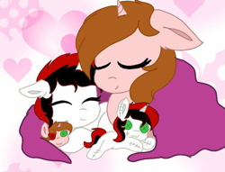 Size: 800x610 | Tagged: safe, anonymous artist, oc, oc only, oc:lanaia, oc:listfia, pony, unicorn, blanket, female, filly, floppy ears, heart, heterochromia, horn, plushie, siblings, sisters, sleeping, sleeping together, smiling, stitches, twins, two toned mane, two toned tail