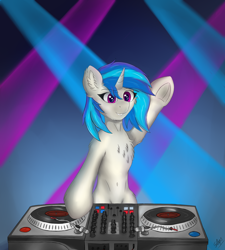 Size: 2324x2584 | Tagged: safe, artist:flapstune, dj pon-3, vinyl scratch, pony, unicorn, g4, bipedal, club, female, fluffy, frog (hoof), high res, horn, lights, mare, signature, smiling, solo, table, turntable, underhoof