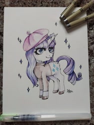 Size: 1536x2048 | Tagged: safe, artist:inlaru, rarity, pony, unicorn, g4, chibi, clothes, commission, solo, sparkles, traditional art, watercolor painting