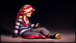 Size: 3840x2160 | Tagged: safe, artist:imafutureguitarhero, sunset shimmer, unicorn, anthro, unguligrade anthro, g4, 3d, 4k, absurd file size, animated, anklet, bare shoulders, big eyes, boots, border, cable, cargo pants, clothes, colored eyebrows, colored eyelashes, crossed legs, cute, earbuds, female, fingerless gloves, floppy ears, frog (hoof), gloves, headphones, high res, holding, hoof shoes, hooves, horn, ipod, leather, leather boots, leather gloves, leather shoes, leonine tail, long hair, long mane, long tail, mare, multicolored hair, multicolored mane, multicolored tail, no sound, nose wrinkle, on floor, pants, perfect loop, revamped anthros, revamped ponies, shimmerbetes, shoes, shoulderless, sitting, smiling, solo, source filmmaker, striped sweater, sweater, sweatpants, text, turnaround, turntable animation, underhoof, wall of tags, watermark, webm