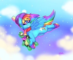 Size: 2382x1980 | Tagged: safe, artist:aaa-its-spook, rainbow dash, tank, pegasus, pony, tortoise, g4, backwards cutie mark, clothes, cloud, female, flying, male, mare, scarf, sky, snow, snowfall, winter