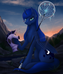 Size: 2610x3060 | Tagged: safe, artist:dezdark, princess luna, alicorn, bird, pony, g4, angry, cliff, cloud, curved horn, ear piercing, earring, eyeshadow, forest, helmet, high res, horn, jewelry, looking at you, makeup, mountain, piercing, river, scenery, solo, sun, tree