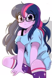 Size: 1291x1920 | Tagged: safe, artist:galaxynightt, sci-twi, twilight sparkle, human, equestria girls, g4, alternate hairstyle, arm between legs, blushing, clothes, cute, female, glasses, looking at you, messy hair, multicolored hair, pajamas, purple eyes, purple skin, shiny skin, simple background, sitting, socks, solo, twiabetes, watermark