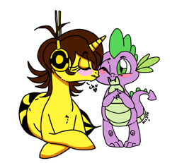 Size: 648x600 | Tagged: safe, artist:ameliacostanza, spike, dragon, insect, original species, pony, wasp pony, g4, crossover, crossover shipping, duo, female, headphones, janet van dyne, male, marvel, marvel comics, ponified, remake, shipping, simple background, straight, wasp (marvel), white background