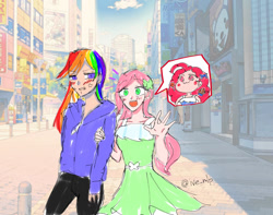 Size: 1200x947 | Tagged: safe, artist:いヴ, fluttershy, pinkie pie, rainbow dash, human, g4, female, humanized, japan, lesbian, ship:flutterdash, shipping, tokyo