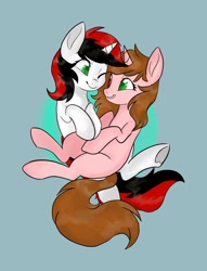 Size: 1080x1411 | Tagged: safe, anonymous artist, oc, oc only, oc:lanaia, oc:listfia, pony, unicorn, blank flank, cute, eyelashes, female, filly, frog (hoof), grin, heart, heterochromia, hoof heart, horn, looking at each other, not blackjack, one eye closed, siblings, sisters, smiling, twins, two toned mane, two toned tail, underhoof, wink