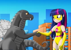 Size: 1024x724 | Tagged: safe, artist:ni-idea, twilight sparkle, human, kaiju, lizard, reptile, g4, boots, clothes, female, giantess, godzilla, godzilla (series), golden princess, handshake, humanized, leotard, macro, shoes, superhero, thigh boots