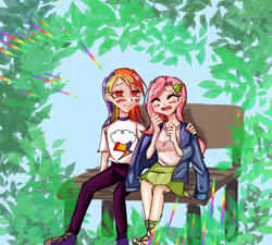 Size: 1200x1078 | Tagged: safe, artist:イヴ, fluttershy, rainbow dash, human, g4, blushing, breasts, busty fluttershy, cleavage, converse, female, humanized, lesbian, open mouth, ship:flutterdash, shipping, shoes, sitting, tree