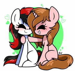 Size: 800x752 | Tagged: source needed, safe, artist:silver meadow, oc, oc only, oc:lanaia, oc:listfia, pony, unicorn, blank flank, blushing, eyelashes, female, filly, grin, heart, horn, not blackjack, siblings, simple background, sisters, smiling, twins, two toned mane, two toned tail, watermark