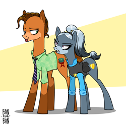 Size: 4000x4000 | Tagged: safe, artist:bonpikabon, earth pony, pony, :p, alternate hairstyle, angry, annoyed, armor, belt, clothes, crossover, disney, duo, female, gritted teeth, judy hopps, male, mare, markings, necktie, nick wilde, police, ponified, pouch, shirt, stallion, tongue out, zootopia