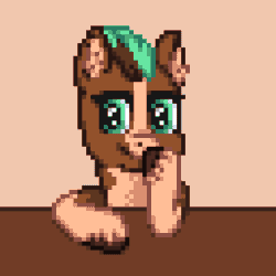 Size: 512x512 | Tagged: safe, artist:sir_shoe, oc, oc only, oc:sagebrush, earth pony, pony, animated, blinking, bouncing, commission, earth pony oc, female, gif, green eyes, hoof over mouth, multicolored hair, multicolored mane, one eye closed, pixel animation, pixel art, smiling, smiling at you, solo, wink, winking at you, ych result