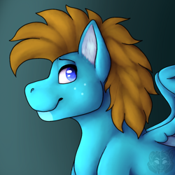 Size: 800x800 | Tagged: safe, artist:sursiq, oc, oc only, oc:carbon, pegasus, pony, birthday, blue, blue eyes, brown hair, brown mane, colored pupils, ear fluff, freckles, gift art, gradient background, looking at you, looking back, male, pegasus oc, pony oc, profile, shading, smiling, solo, spread wings, stallion, watermark, wings